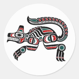 Sticker Rond Teal rouge et loup noir d'esprit de Haida