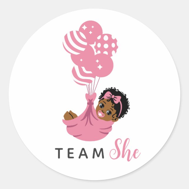 Sticker Rond Team She Pink Balloon African American Baby Girl (Devant)