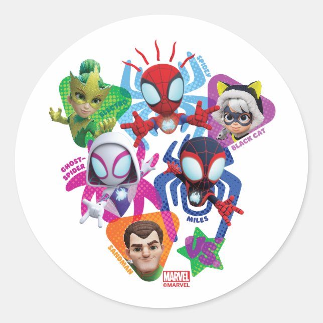 Sticker Rond Team Spidey Vs. Electro, Sandman & Black Cat (Devant)