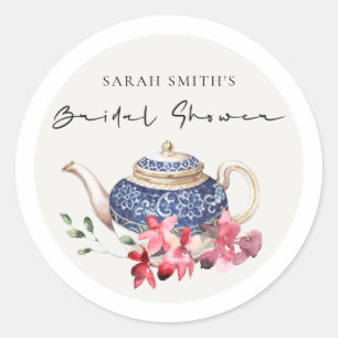 Sticker Rond Teapot bleu rouge Floral Fête des mariées Tea Part