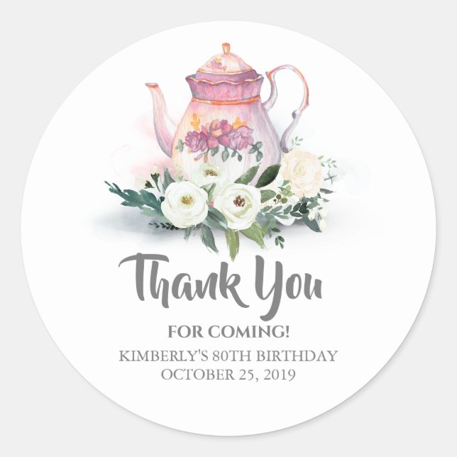 Sticker Rond Teapot floral Merci fête d'anniversaire (Devant)