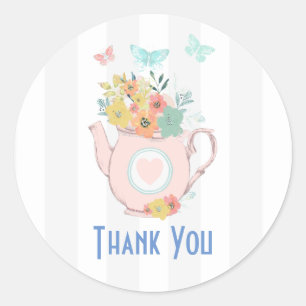 Sticker Rond Teapot rose avec Fleurs et Papillons Merci