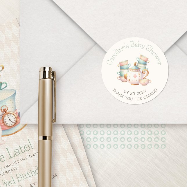 Sticker Rond Teapot Teacups Wonderland Douche Anniversaire (Créateur téléchargé)