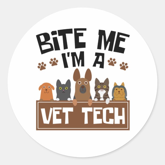 Sticker Rond Technicien vétérinaire Bite Me Je suis technicien  (Devant)