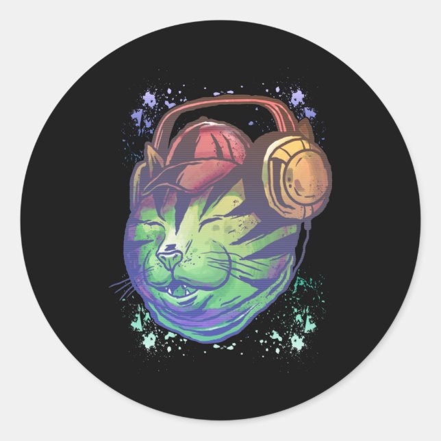 Sticker Rond Techno coloré Cat DJ musicien Raver Kitten (Devant)
