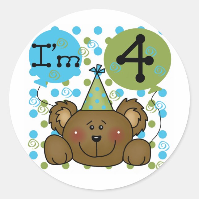 Sticker Rond Teddy Bear 4th Birthday T-shirts et cadeaux (Devant)