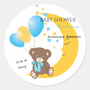 Sticker Rond Teddy Bear assis sur la Lune   Baby Boy Shower
