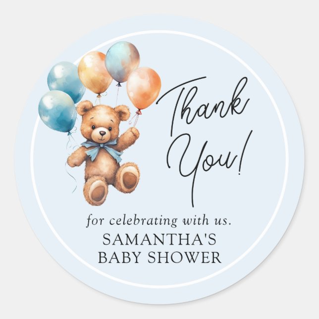 Sticker Rond Teddy Bear Baby Boy Merci Baby shower (Devant)