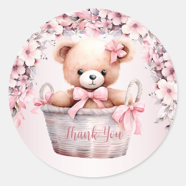 Sticker Rond Teddy Bear Baby Girl Fleurs roses Soirée Élégante (Devant)