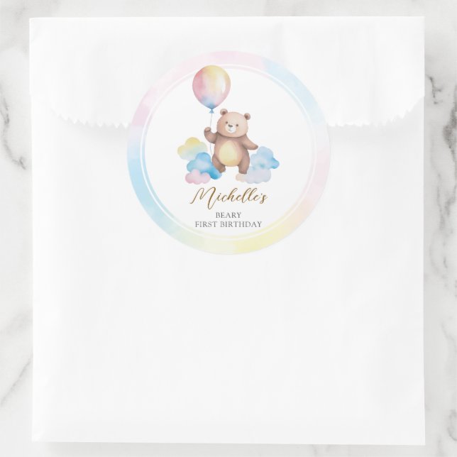 Sticker Rond Teddy Bear Balloon Clouds Beary First Birthday (Sac)