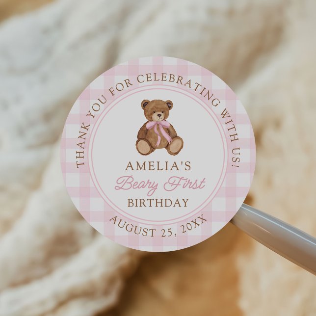 Sticker Rond Teddy Bear Beary First 1st Birthday Party (Créateur téléchargé)