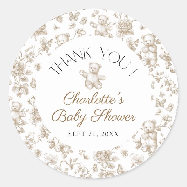 Sticker Rond Teddy Bear Beige Neutre Baby shower Merci (Devant)