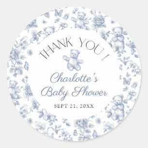 Sticker Rond Teddy Bear Blue Toile Boy Baby shower Merci