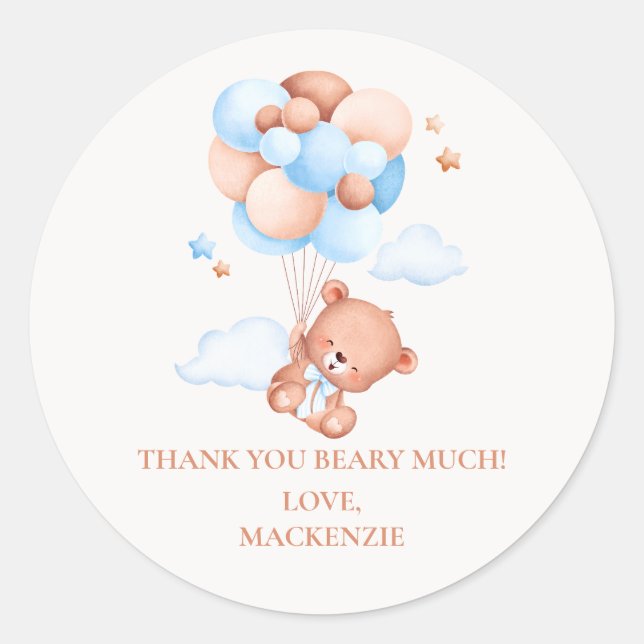 Sticker Rond Teddy Bear Boy Blue Bearly Wait Baby shower (Devant)