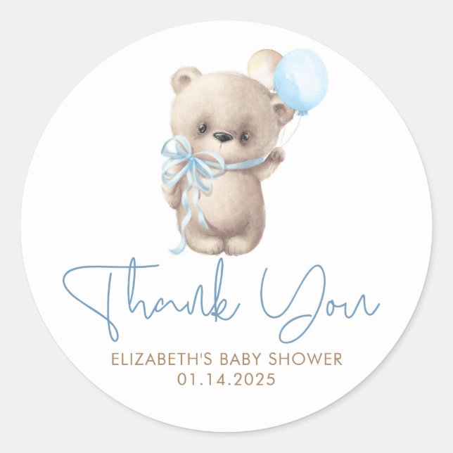 Sticker Rond Teddy Bear Cute Bleu Baby shower Brown Merci (Devant)