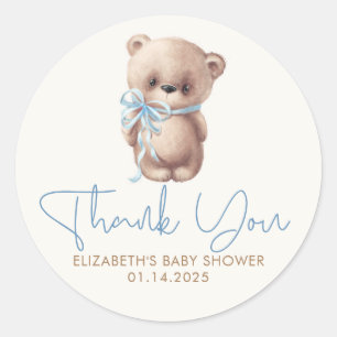 Sticker Rond Teddy Bear Cute Bleu Baby shower Brown Merci