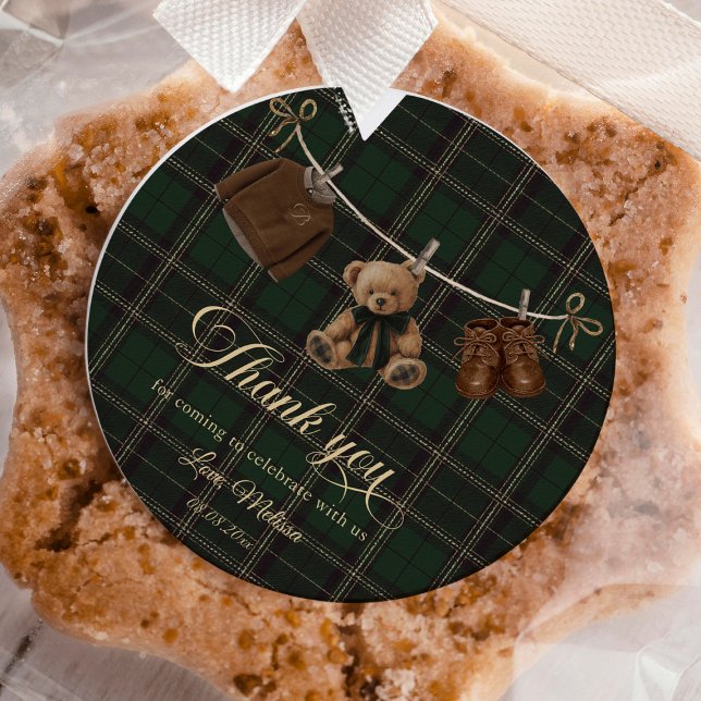 Sticker Rond Teddy Bear Green Tartan Baby Shower (Teddy Bear Green Tartan Baby Shower Classic Round Sticker)