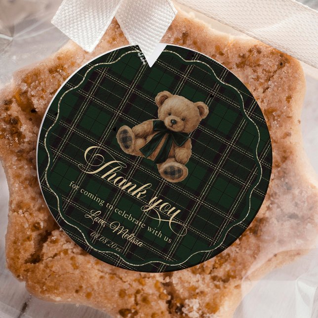 Sticker Rond Teddy Bear Green Tartan Baby Shower (teddy bear sticker, green tartan baby shower, preppy baby shower, polo bear style, classic baby show)