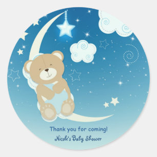 Sticker Rond Teddy Bear Moon & Stars Baby shower Personnalisé F