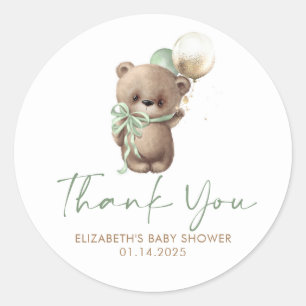 Sticker Rond Teddy Bear Sage Brown Baby shower or Merci