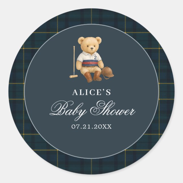 Sticker Rond Teddy Bear Sport Baby shower bleu marine (Devant)