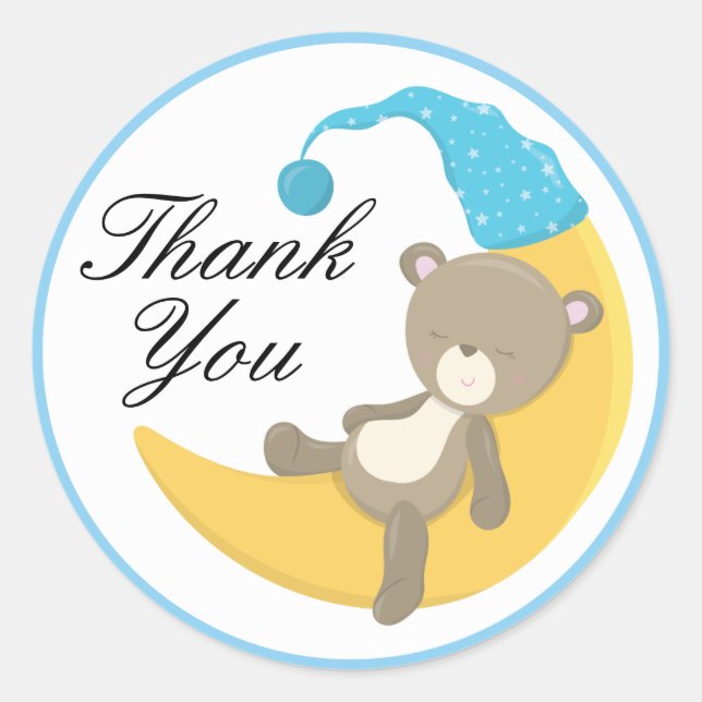 Sticker Rond Teddy Bear sur Crescent Moon Merci (Devant)
