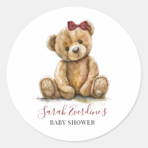 Sticker Rond Teddy Bear Watercolor Baby shower fille