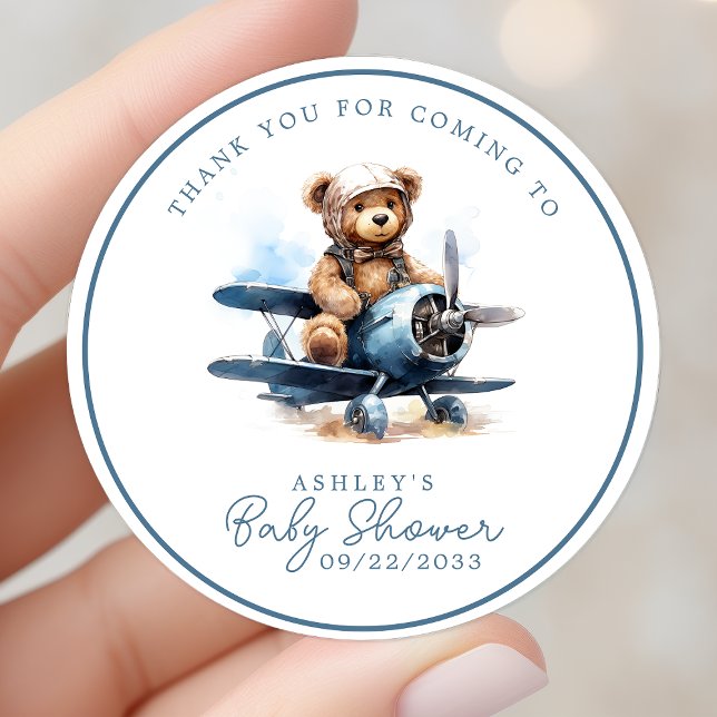 Sticker Rond Teddy Ours Avion Aquarelle Bébé Merci (Créateur téléchargé)