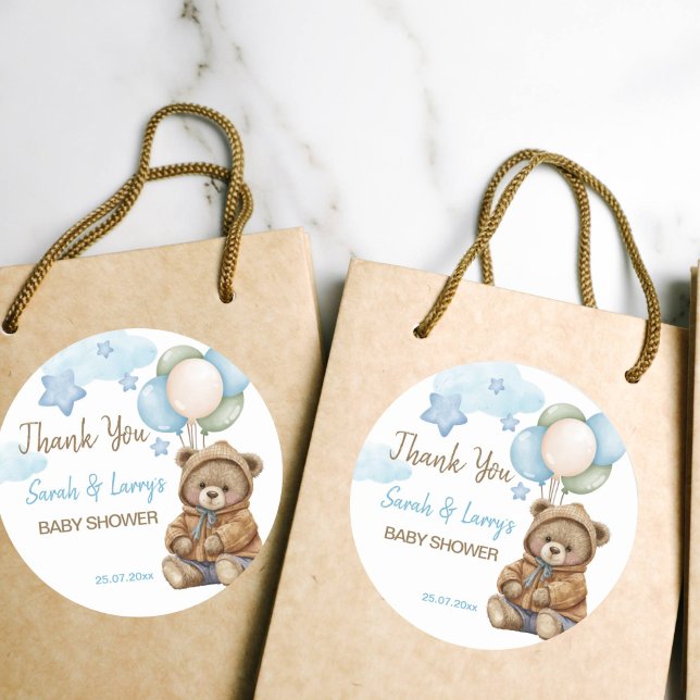 Sticker Rond Teddy ours baby shower bearly attendez merci (Teddy bear baby shower favor gift tags thank you favor tags cute teddy bear in a jacket)