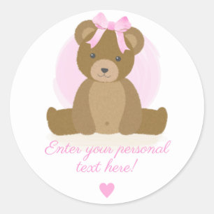 Sticker Rond Teddy Ours mignon rose Cheveux Bow Baby Girl Douch