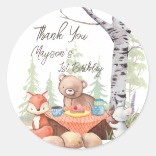 Sticker Rond Teddy ours pique-nique bois forêt animaux sur mesu