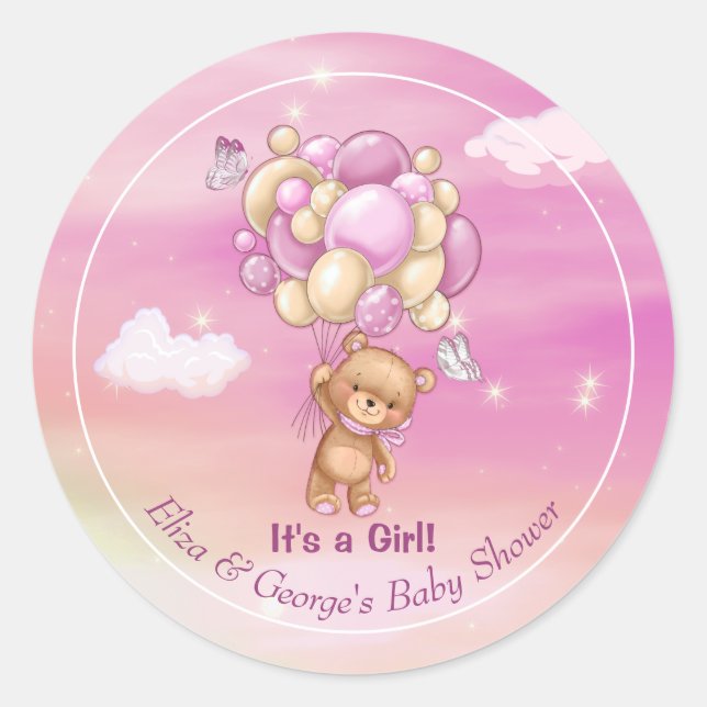 Sticker Rond Teddy Ours rose Ballons Baby shower fille (Devant)