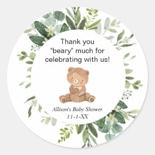 Sticker Rond Teddy ours verdure baby shower mignon merci