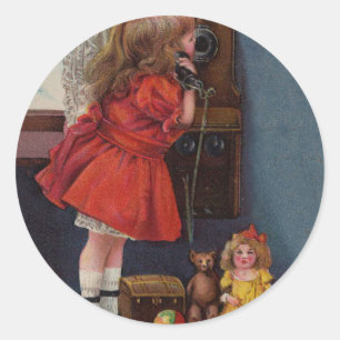 Sticker Rond Téléphone Antique de Petite Fille de Noël