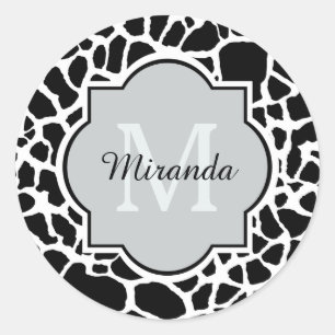 Sticker Rond Tendance Black White Giraffe Imprimer Nom Monogram