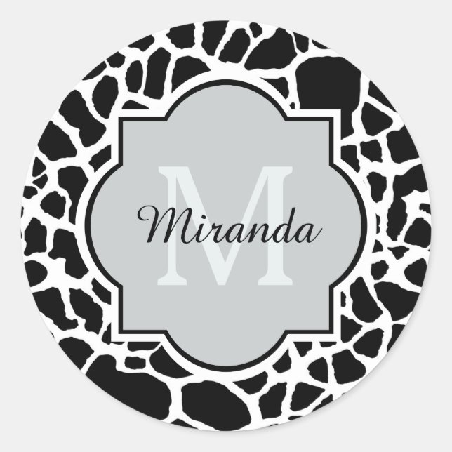 Sticker Rond Tendance Black White Giraffe Imprimer Nom Monogram (Devant)