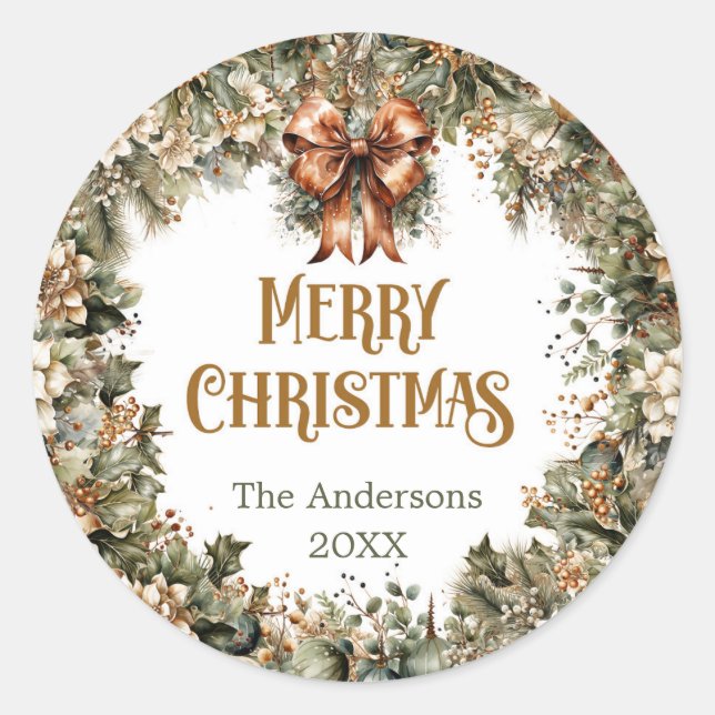 Sticker Rond Tendance sauge vert et faux or blanc poinsettia (Devant)