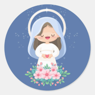 Sticker Rond Tendre Vierge Marie Kawaii avec Cœur – Bleu foncé