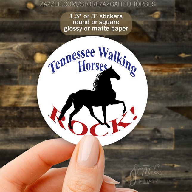 Sticker Rond Tennessee Walking Horses Rock! - Cheval Gaited (Round white sticker featuring a black Tennessee Walking Horse silhouette with blue and red text. )