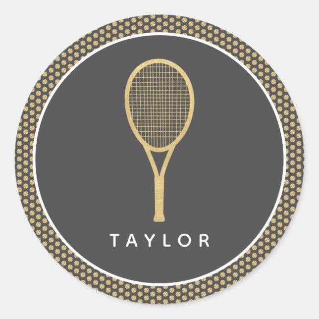 Sticker Rond Tennis Chic Grey Gold Nom personnalisé (Devant)