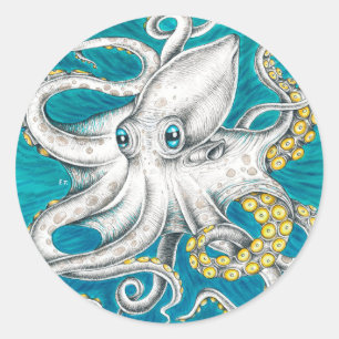 Sticker Rond Tentacles de poulpe encre turquoise verte
