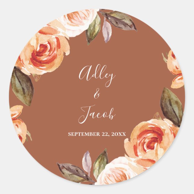 Sticker Rond Terracott Fall Boho Floral Wedding Favor (Devant)