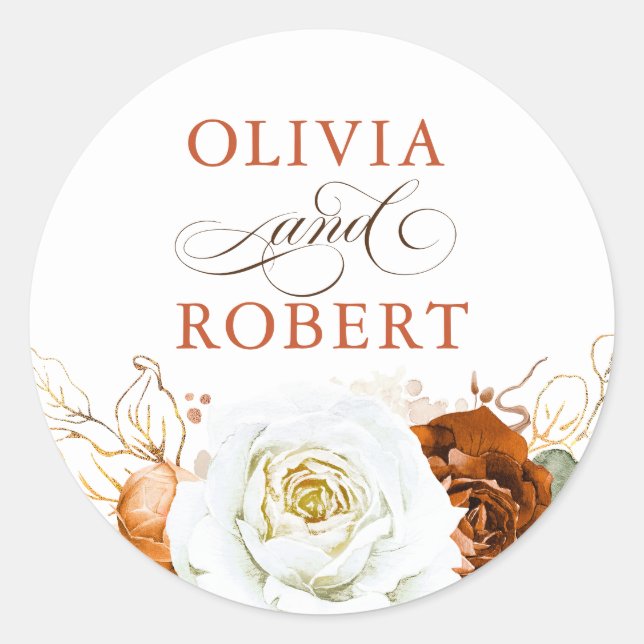 Sticker Rond Terracotta and White Modern Floral Boho Wedding (Devant)