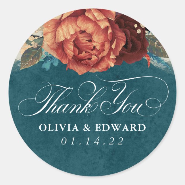 Sticker Rond Terracotta et Teal Blue Remerciement Floral (Devant)