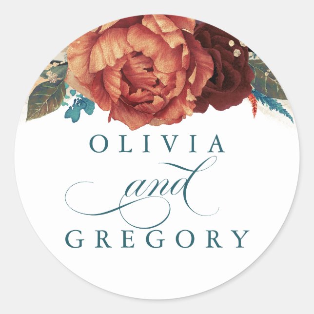 Sticker Rond Terracotta et Turquoise Mariage floral (Devant)