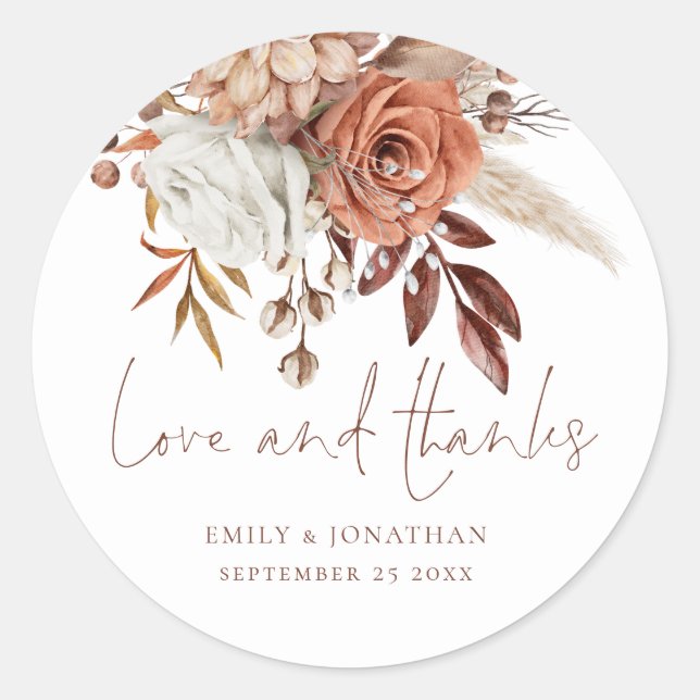 Sticker Rond Terracotta Florals Brown Texte Amour Merci Mariage (Devant)