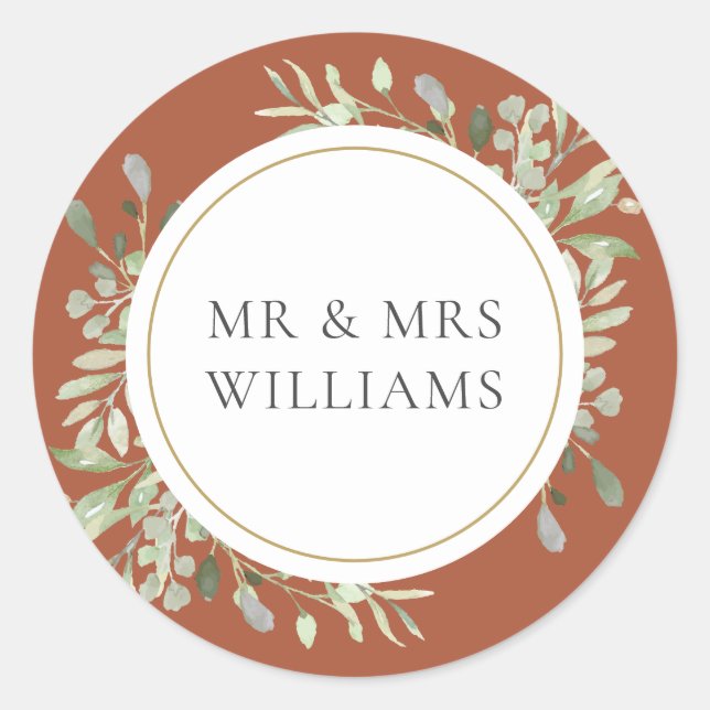 Sticker Rond Terracotta Greenery MR & MRS Mariage (Devant)