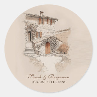 Sticker Rond Terracotta Italian Villa Sketch Wedding 