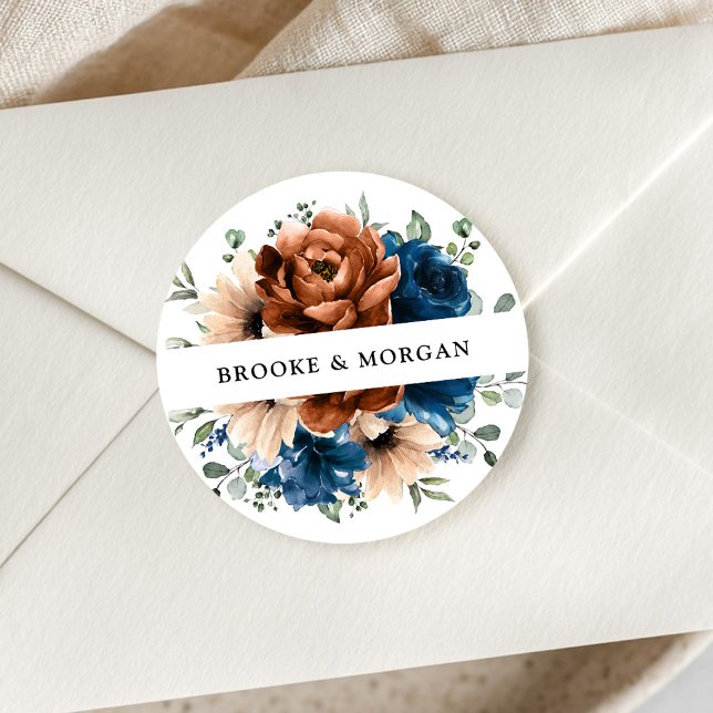 Sticker Rond Terracotta Marine Bleu Vert Mariage Merci (Terracotta Navy Blue Greenery Wedding Thank you Classic Round Sticker)