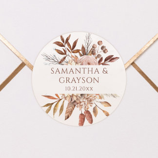 Sticker Rond Terracotta Rouille Fleurs Bohème Mariage Feuillage